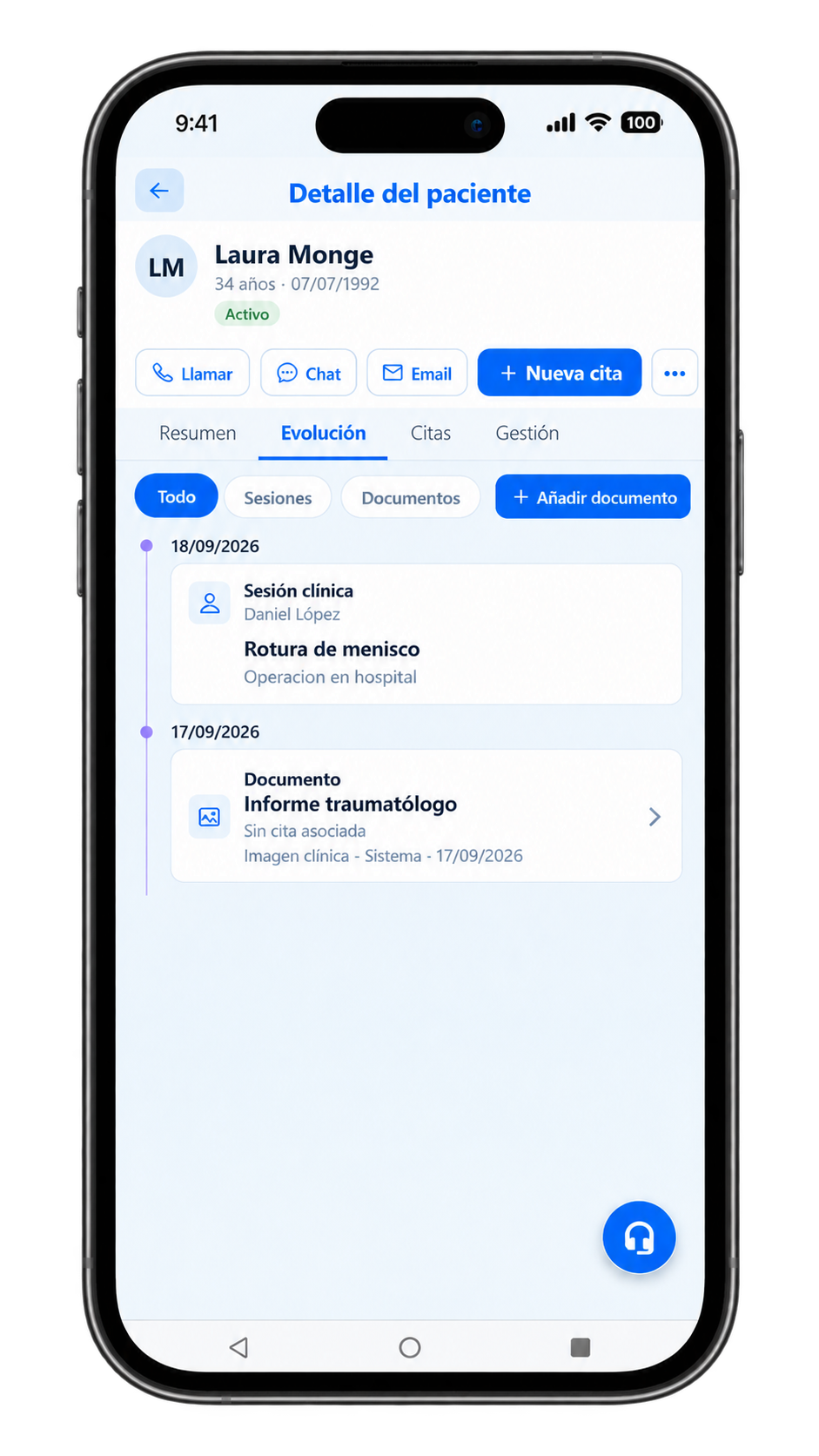Evolución e historial del paciente en FisioterApp