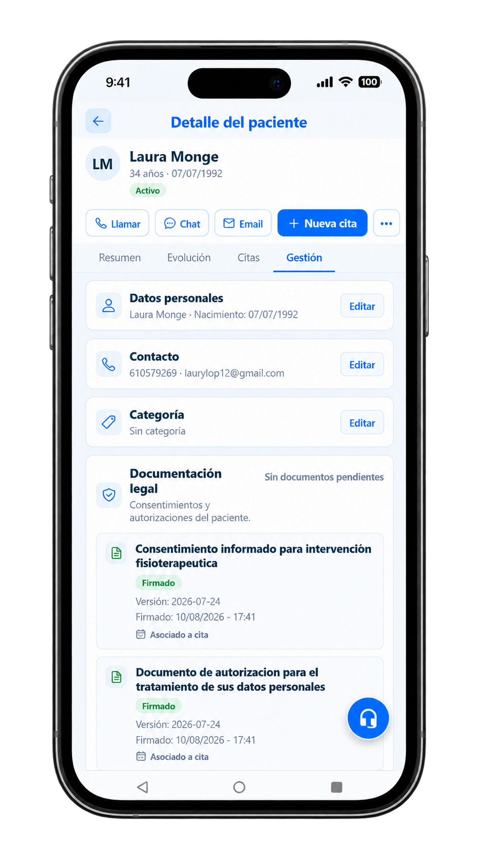Gestión y documentación del paciente en FisioterApp