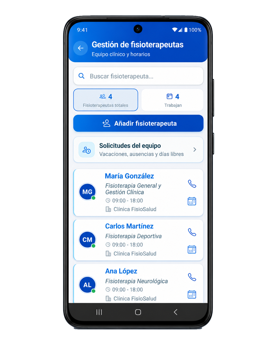 Gestión del equipo de fisioterapeutas en FisioterApp