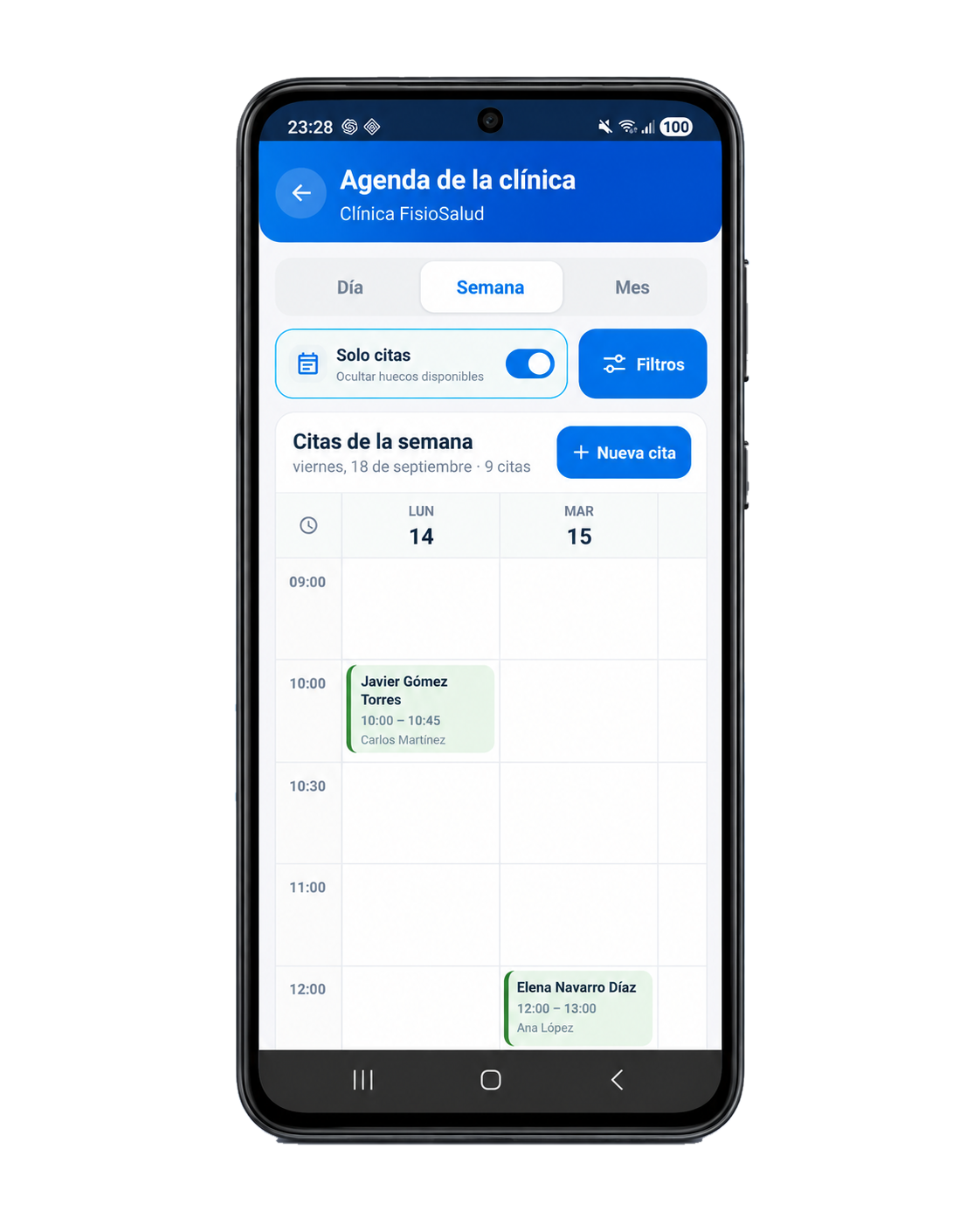 Agenda de la clínica en FisioterApp