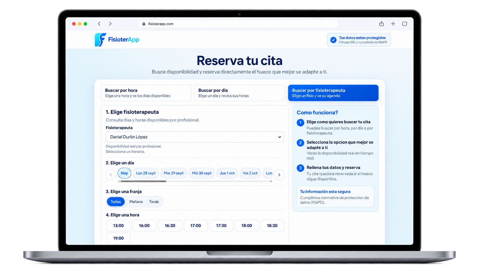 Página de reservas online de FisioterApp